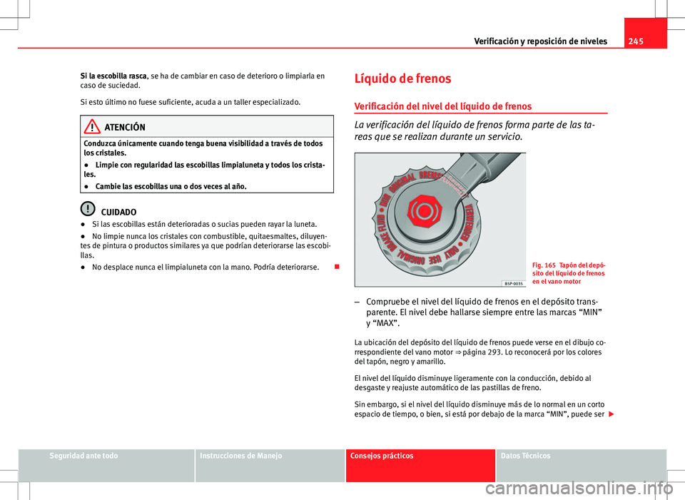 Seat Altea Freetrack 2013  Manual del propietario (in Spanish) 245
Verificación y reposición de niveles
Si la escobilla rasca, se ha de cambiar en caso de deterioro o limpiarla en
caso de suciedad.
Si esto último no fuese suficiente, acuda a un taller especial