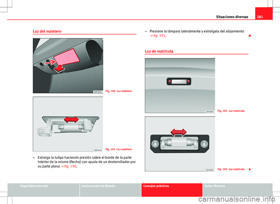 Seat Altea Freetrack 2013  Manual del propietario (in Spanish) 281
Situaciones diversas
Luz del maletero
Fig. 190 Luz maletero
Fig. 191 Luz maletero
– Extraiga la tulipa haciendo presión sobre el borde de la parte
interior de la misma (flecha) con ayuda de un 