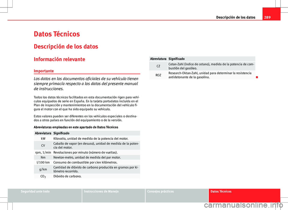 Seat Altea Freetrack 2013  Manual del propietario (in Spanish) 289
Descripción de los datos
Datos Técnicos
Descripción de los datos
Información relevante
Importante
Los datos en los documentos oficiales de su vehículo tienen
siempre primacía respecto a los 