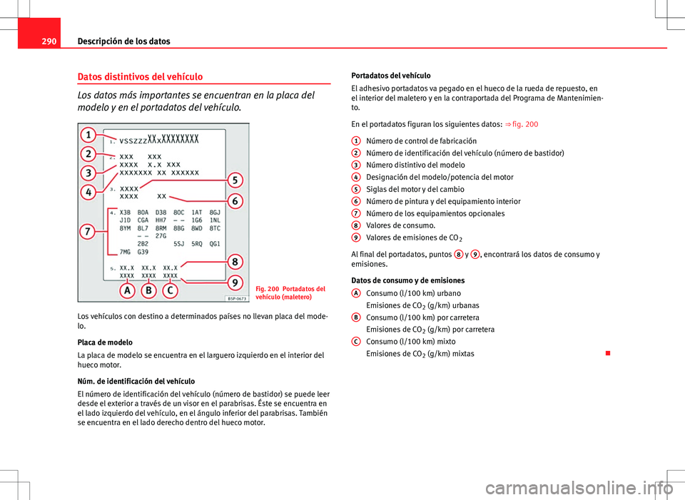 Seat Altea Freetrack 2013  Manual del propietario (in Spanish) 290Descripción de los datos
Datos distintivos del vehículo
Los datos más importantes se encuentran en la placa del
modelo y en el portadatos del vehículo.
Fig. 200 Portadatos del
vehículo (malete