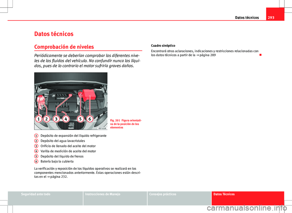 Seat Altea Freetrack 2013  Manual del propietario (in Spanish) 293
Datos técnicos
Datos técnicos
Comprobación de niveles
Periódicamente se deberían comprobar los diferentes nive-
les de los fluidos del vehículo. No confundir nunca los líqui-
dos, pues de l