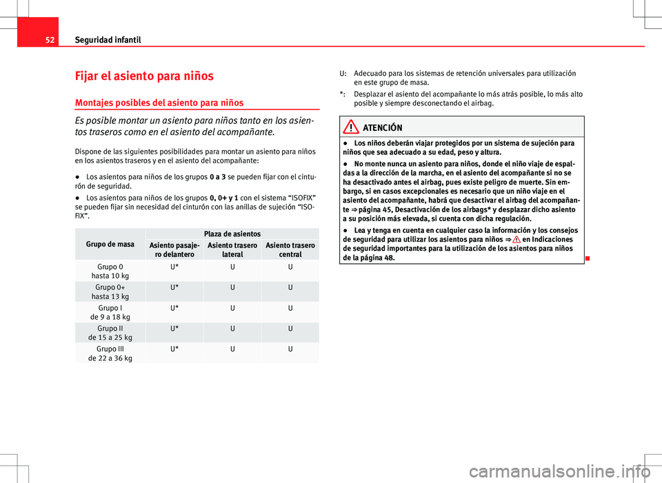 Seat Altea Freetrack 2013 Manual del propietario (in Spanish) 52Seguridad infantil
Fijar el asiento para niños
Montajes posibles del asiento para niños
Es posible montar un asiento para niños tanto en los asien-
tos traseros como en el asiento del acompañant Seat Altea Freetrack 2013 Manual del propietario (in Spanish) 52Seguridad infantil
Fijar el asiento para niños
Montajes posibles del asiento para niños
Es posible montar un asiento para niños tanto en los asien-
tos traseros como en el asiento del acompañant