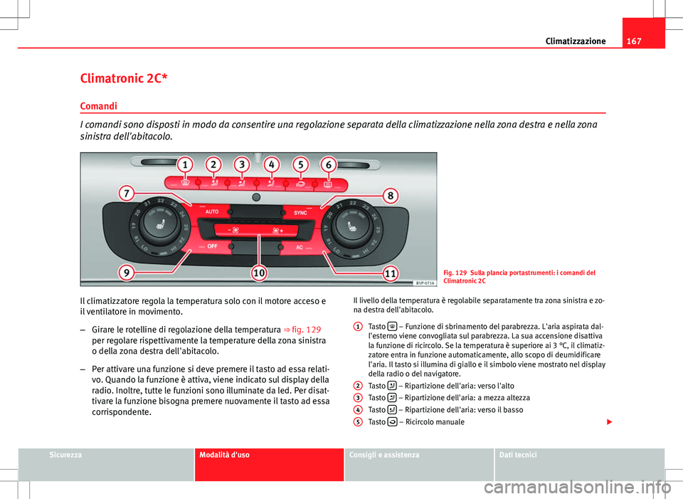 Seat Altea Freetrack 2013  Manuale del proprietario (in Italian) 167
Climatizzazione
Climatronic 2C*
Comandi
I comandi sono disposti in modo da consentire una regolazione separata della climatizzazione nella zona destra e nella zona
sinistra dell'abitacolo.
Fig