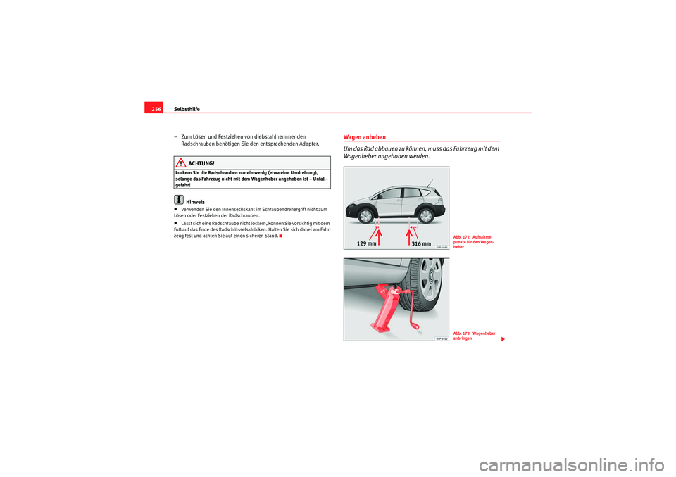 Seat Altea Freetrack 2010  Betriebsanleitung (in German) Selbsthilfe
256
– Zum Lösen und Festziehen von diebstahlhemmenden Radschrauben benötigen Sie den entsprechenden Adapter.
ACHTUNG!
Lockern Sie die Radschrauben nur ein wenig (etwa eine Umdrehung), 