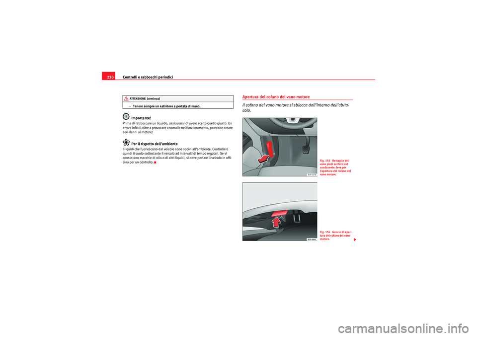 Seat Altea Freetrack 2010  Manuale del proprietario (in Italian) Controlli e rabbocchi periodici
230
− Tenere sempre un estintore a portata di mano.Importante!
Prima di rabboccare un liquido, assicurarsi di avere scelto quello giusto. Un 
errore infatti, oltre a 