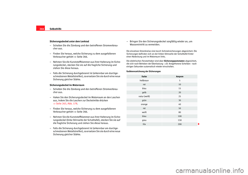 Seat Altea Freetrack 2009 Betriebsanleitung (in German) Selbsthilfe
264
Sicherungsdeckel unter dem Lenkrad
– Schalten Sie die Zündung und den betroffenen Stromverbrau-cher aus.
– Finden Sie heraus, welche Sicherung zu dem ausgefallenen Verbraucher ge Seat Altea Freetrack 2009 Betriebsanleitung (in German) Selbsthilfe
264
Sicherungsdeckel unter dem Lenkrad
– Schalten Sie die Zündung und den betroffenen Stromverbrau-cher aus.
– Finden Sie heraus, welche Sicherung zu dem ausgefallenen Verbraucher ge