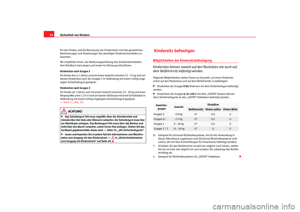 Seat Altea Freetrack 2009 Betriebsanleitung (in German) Sicherheit von Kindern
52Für den Einbau und die Benutzung von Kindersitzen sind die gesetzlichen
Bestimmungen und Anweisungen des jeweiligen Kindersitzherstellers zu
beachten.
Wir empfehlen Ihnen, Seat Altea Freetrack 2009 Betriebsanleitung (in German) Sicherheit von Kindern
52Für den Einbau und die Benutzung von Kindersitzen sind die gesetzlichen
Bestimmungen und Anweisungen des jeweiligen Kindersitzherstellers zu
beachten.
Wir empfehlen Ihnen,