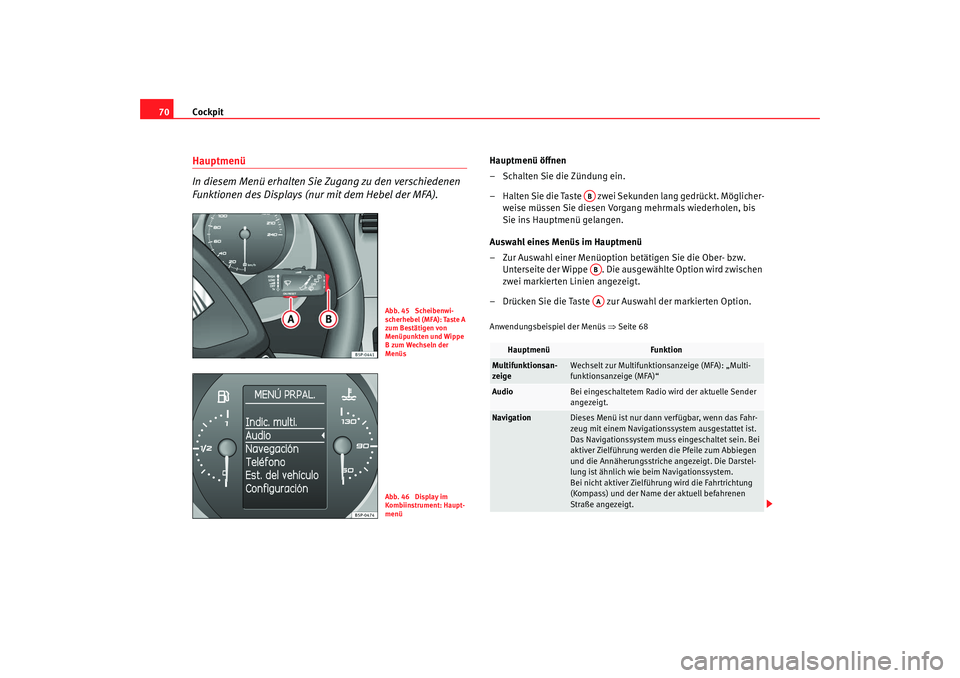 Seat Altea Freetrack 2009 Betriebsanleitung (in German) Cockpit
70Hauptmenü
In diesem Menü erhalten Sie Zugang zu den verschiedenen
Funktionen des Displays (nur mit dem Hebel der MFA).
Hauptmenü öffnen
– Schalten Sie die Zündung ein.
– Halten Sie Seat Altea Freetrack 2009 Betriebsanleitung (in German) Cockpit
70Hauptmenü
In diesem Menü erhalten Sie Zugang zu den verschiedenen
Funktionen des Displays (nur mit dem Hebel der MFA).
Hauptmenü öffnen
– Schalten Sie die Zündung ein.
– Halten Sie