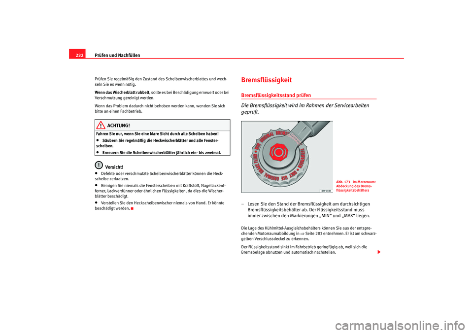 Seat Altea Freetrack 2007  Betriebsanleitung (in German) Prüfen und Nachfüllen
232Prüfen Sie regelmäßig den Zustand des Scheibenwischerblattes und wech-
seln Sie es wenn nötig.
Wenn das Wischerblatt rubbelt , sollte es bei Beschädigung erneuert oder 