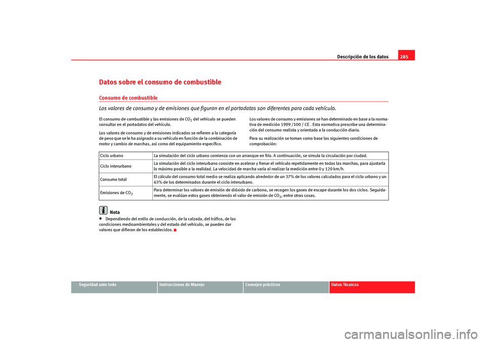 Seat Altea Freetrack 2007  Manual del propietario (in Spanish) Descripción de los datos285
Seguridad ante todo
Instrucciones de Manejo
Consejos prácticos
Datos Técnicos
Datos sobre el consumo de combustibleConsumo de combustible
Los valores de consumo y de emi
