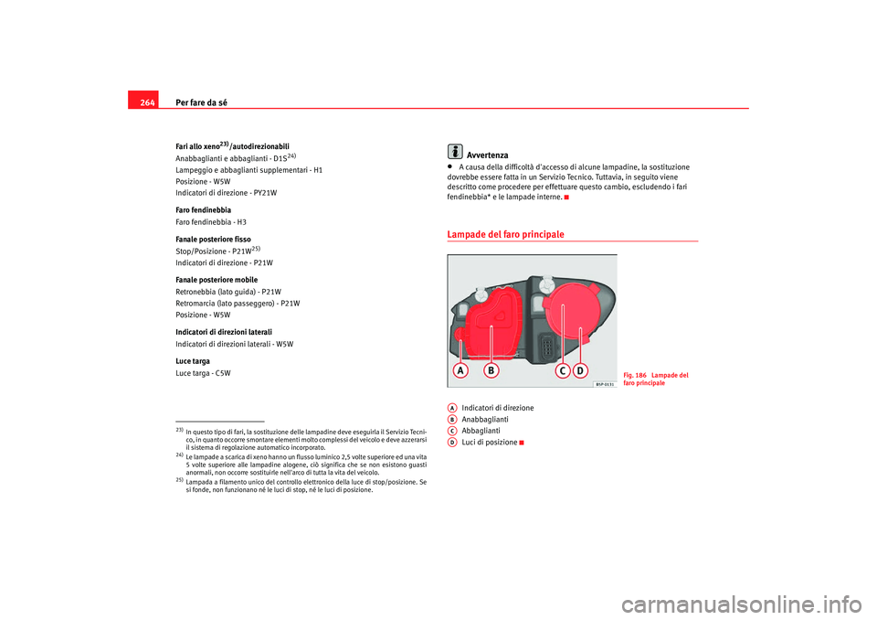 Seat Altea Freetrack 2007 Manuale del proprietario (in Italian) Per fare da sé
264Fari allo xeno
23)/autodirezionabili
Anabbaglianti e ab baglianti - D1S
24)
Lampeggio e abbagliant i supplementari - H1
Posizione - W5W
Indicatori di direzione - PY21W
Faro fendineb Seat Altea Freetrack 2007 Manuale del proprietario (in Italian) Per fare da sé
264Fari allo xeno
23)/autodirezionabili
Anabbaglianti e ab baglianti - D1S
24)
Lampeggio e abbagliant i supplementari - H1
Posizione - W5W
Indicatori di direzione - PY21W
Faro fendineb