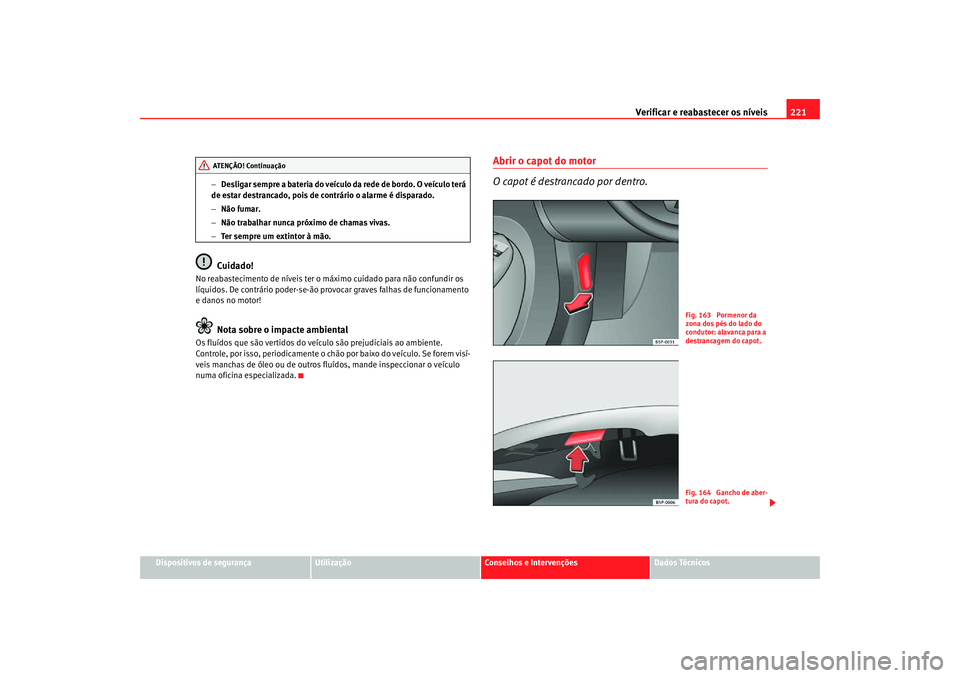 Seat Altea Freetrack 2007  Manual do proprietário (in Portuguese)  Verificar e reabastecer os níveis 221
Dispositivos de segurança
Utilização
Conselhos e Intervenções
Dados Técnicos
−
Desligar sempre a bateria do veículo  da rede de bordo. O veículo terá 