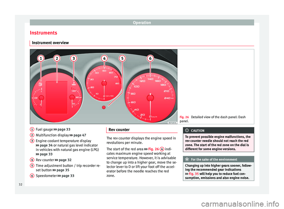 Seat Altea XL 2015 Owners Manual Operation
Instruments Instrument overview Fig. 26
Detailed view of the dash panel: Dash
panel. Fuel gauge
››› page 33
Multifunction display ››› page 47
Engine coolant temperature displa Seat Altea XL 2015 Owners Manual Operation
Instruments Instrument overview Fig. 26
Detailed view of the dash panel: Dash
panel. Fuel gauge
››› page 33
Multifunction display ››› page 47
Engine coolant temperature displa