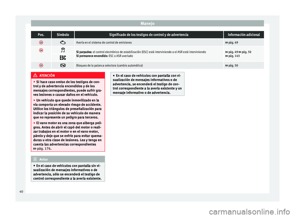 Seat Altea XL 2015 Manual del propietario (in Spanish) ManejoPos.SímboloSignificado de los testigos de control y de advertenciaInformación adicional
23
Avería en el sistema de control de emisiones›››
pág. 49
24 Si parpadea: el control ele Seat Altea XL 2015 Manual del propietario (in Spanish) ManejoPos.SímboloSignificado de los testigos de control y de advertenciaInformación adicional
23
Avería en el sistema de control de emisiones›››
pág. 49
24 Si parpadea: el control ele
