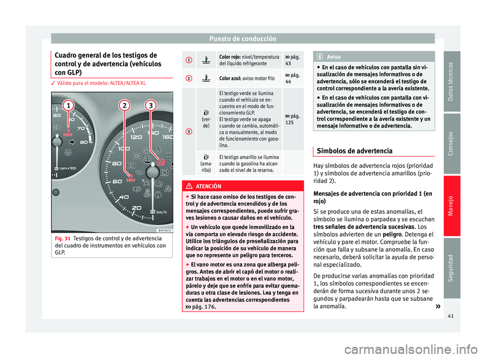 Seat Altea XL 2015 Manual del propietario (in Spanish) Puesto de conducción
Cuadro general de los testigos de
control y de advertencia (vehículos
con GLP) 3 Válido para el modelo: ALTEA/ALTEA XL
Fig. 31
Testigos de control y de advertencia
del cuadro d Seat Altea XL 2015 Manual del propietario (in Spanish) Puesto de conducción
Cuadro general de los testigos de
control y de advertencia (vehículos
con GLP) 3 Válido para el modelo: ALTEA/ALTEA XL
Fig. 31
Testigos de control y de advertencia
del cuadro d