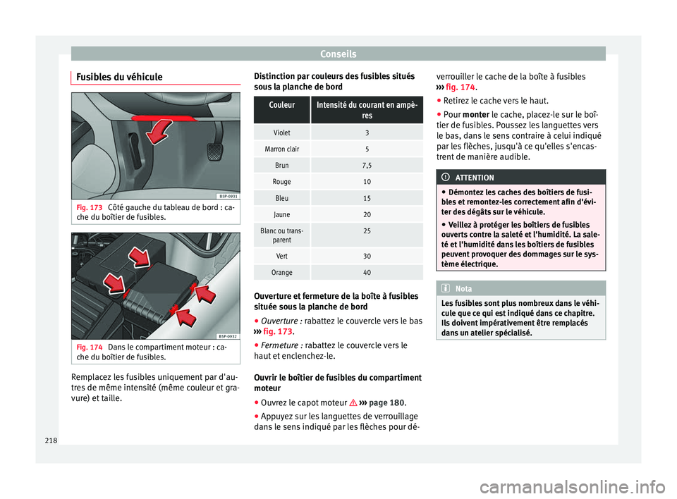 Seat Altea XL 2015 Manuel du propriétaire (in French) Conseils
Fusibles du véhicule Fig. 173
Côté gauche du tableau de bord : ca-
che du boîtier de fusibles. Fig. 174
Dans le compartiment moteur : ca-
che du boîtier de fusibles. Remplacez les fusi Seat Altea XL 2015 Manuel du propriétaire (in French) Conseils
Fusibles du véhicule Fig. 173
Côté gauche du tableau de bord : ca-
che du boîtier de fusibles. Fig. 174
Dans le compartiment moteur : ca-
che du boîtier de fusibles. Remplacez les fusi