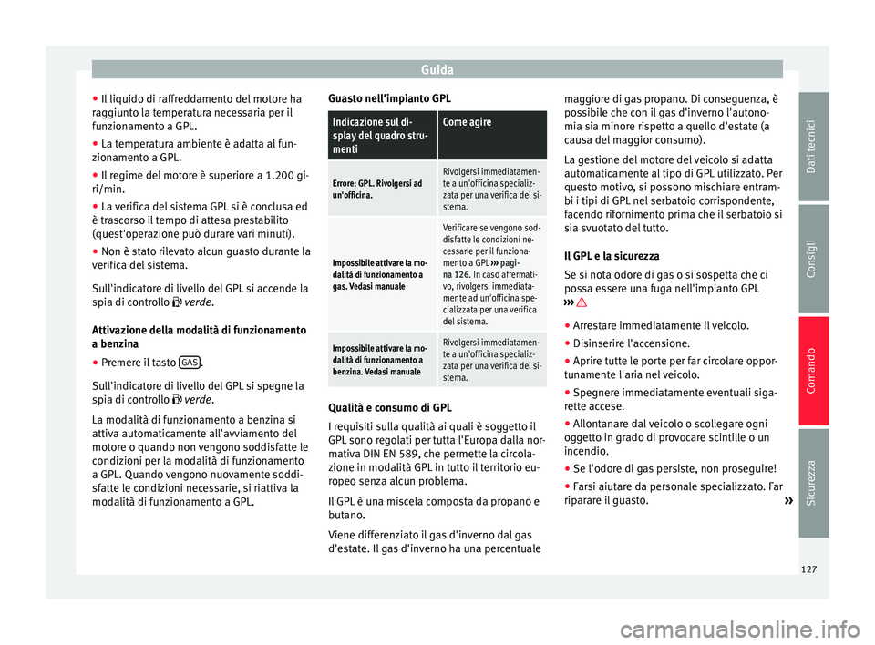Seat Altea XL 2015 Manuale del proprietario (in Italian) Guida
● Il liquido di raffreddamento del motore ha
raggiunto la temperatura necessaria per il
funzionamento a GPL.
● La temperatura ambiente è adatta al fun-
zionamento a GPL.
● Il regime del m Seat Altea XL 2015 Manuale del proprietario (in Italian) Guida
● Il liquido di raffreddamento del motore ha
raggiunto la temperatura necessaria per il
funzionamento a GPL.
● La temperatura ambiente è adatta al fun-
zionamento a GPL.
● Il regime del m