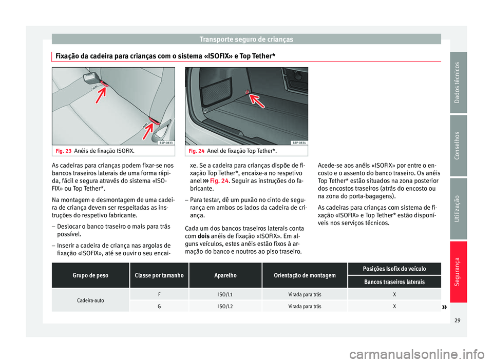 Seat Altea XL 2015 Manual do proprietário (in Portuguese) Transporte seguro de crianças
Fixação da cadeira para crianças com o sistema «ISOFIX» e Top Tether* Fig. 23
Anéis de fixação ISOFIX. Fig. 24
Anel de fixação Top Tether*. As cadeiras para cr Seat Altea XL 2015 Manual do proprietário (in Portuguese) Transporte seguro de crianças
Fixação da cadeira para crianças com o sistema «ISOFIX» e Top Tether* Fig. 23
Anéis de fixação ISOFIX. Fig. 24
Anel de fixação Top Tether*. As cadeiras para cr