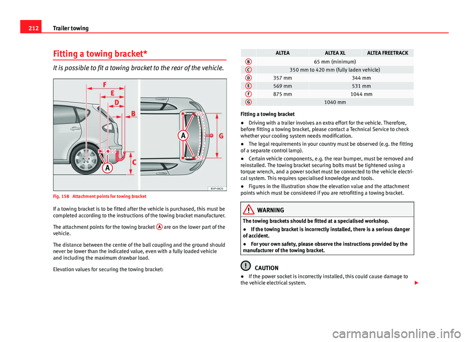 Seat Altea XL 2014  Owners Manual 212Trailer towing
Fitting a towing bracket*
It is possible to fit a towing bracket to the rear of the vehicle.
Fig. 158  Attachment points for towing bracket
If a towing bracket is to be fitted after 