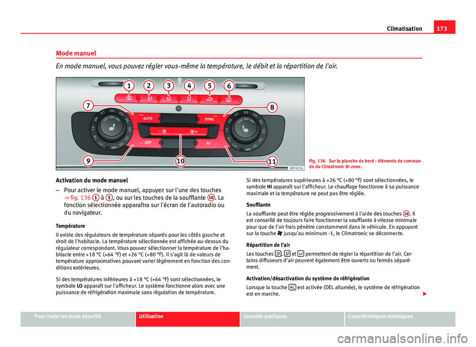 Seat Altea XL 2014  Manuel du propriétaire (in French)  173
Climatisation
Mode manuel
En mode manuel, vous pouvez régler vous-même la température, le débit et la répartition de l'air.
Fig. 136  Sur la planche de bord : éléments de comman-
de du 
