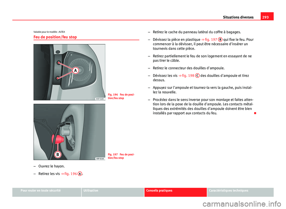 Seat Altea XL 2014  Manuel du propriétaire (in French)  293
Situations diverses
Valable pour le modèle : ALTEA Feu de position/feu stop
Fig. 196  Feu de posi-
tion/feu stop
Fig. 197  Feu de posi-
tion/feu stop
– Ouvrez le hayon.
– Retirez les vis  ⇒
