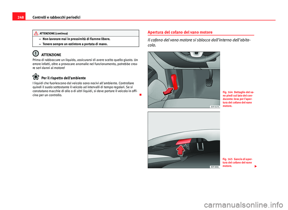 Seat Altea XL 2014  Manuale del proprietario (in Italian) 248Controlli e rabbocchi periodici
ATTENZIONE (continua)
– Non lavorare mai in prossimità di fiamme libere.
– Tenere sempre un estintore a portata di mano.
ATTENZIONE
Prima di rabboccare un liqui