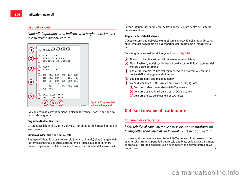 Seat Altea XL 2014  Manuale del proprietario (in Italian) 306Indicazioni generali
Dati del veicolo
I dati più importanti sono indicati sulla targhetta del model-
lo e su quella dei dati vettura.
Fig. 218 Targhetta dati
vettura nel bagagliaio
I veicoli desti