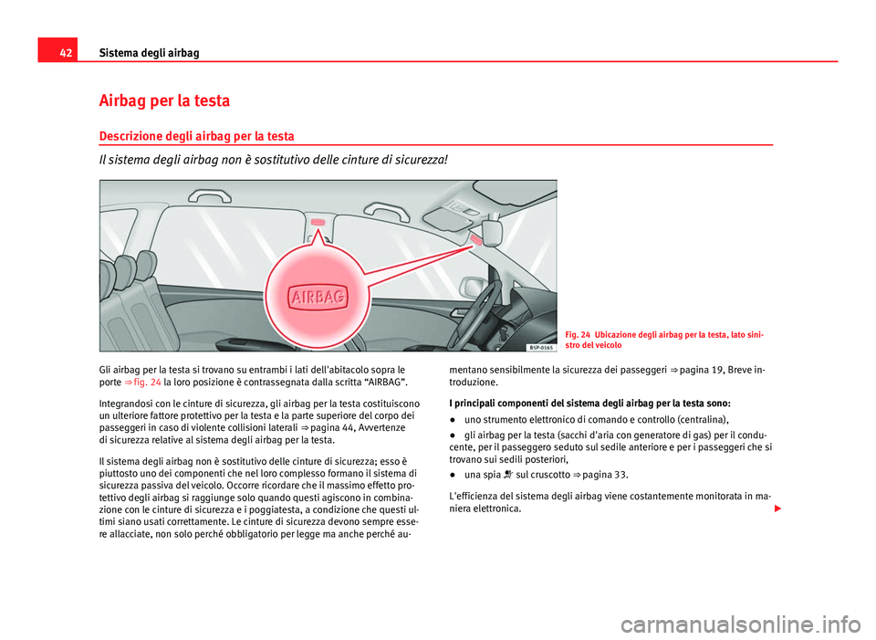 Seat Altea XL 2014  Manuale del proprietario (in Italian) 42Sistema degli airbag
Airbag per la testa
Descrizione degli airbag per la testa
Il sistema degli airbag non è sostitutivo delle cinture di sicurezza!
Fig. 24 Ubicazione degli airbag per la testa, la