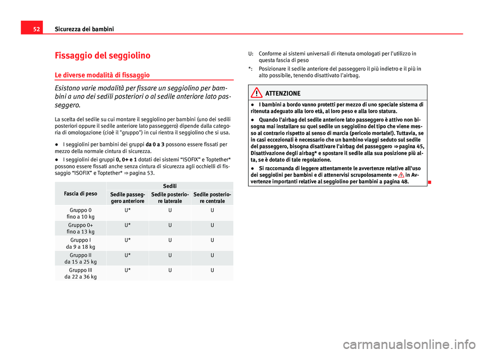 Seat Altea XL 2014  Manuale del proprietario (in Italian) 52Sicurezza dei bambini
Fissaggio del seggiolino
Le diverse modalità di fissaggio
Esistono varie modalità per fissare un seggiolino per bam-
bini a uno dei sedili posteriori o al sedile anteriore la