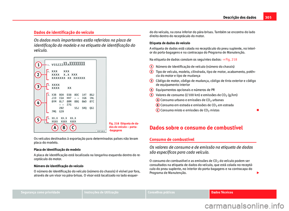 Seat Altea XL 2014  Manual do proprietário (in Portuguese)  305
Descrição dos dados
Dados de identificação do veículo
Os dados mais importantes estão referidos na placa de
identificação do modelo e na etiqueta de identificação do
veículo.
Fig. 218 E
