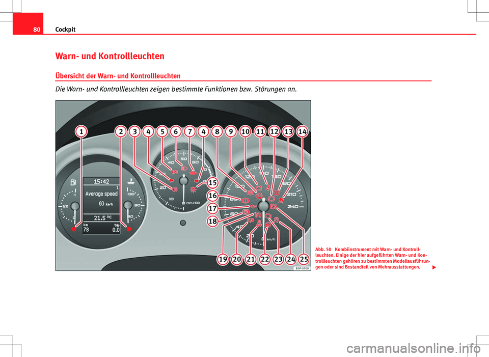 Seat Altea XL 2013  Betriebsanleitung (in German) 80Cockpit
Warn- und Kontrollleuchten
Übersicht der Warn- und Kontrollleuchten
Die Warn- und Kontrollleuchten zeigen bestimmte Funktionen bzw. Störungen an.
Abb. 50  Kombiinstrument mit Warn- und Kon