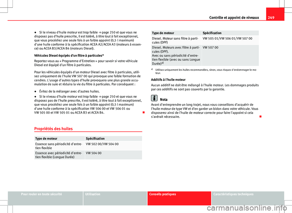 Seat Altea XL 2013  Manuel du propriétaire (in French)  249
Contrôle et appoint de niveaux
● Si le niveau d'huile moteur est trop faible  ⇒ page 250 et que vous ne
disposez pas d'huile prescrite, il est toléré, à titre tout à fait except