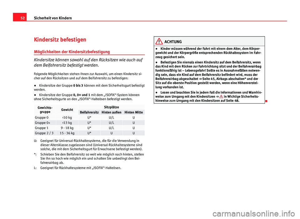 Seat Altea XL 2012 Betriebsanleitung (in German) 52Sicherheit von Kindern
Kindersitz befestigen
Möglichkeiten der Kindersitzbefestigung
Kindersitze können sowohl auf den Rücksitzen wie auch auf
dem Beifahrersitz befestigt werden.
Folgende Möglic Seat Altea XL 2012 Betriebsanleitung (in German) 52Sicherheit von Kindern
Kindersitz befestigen
Möglichkeiten der Kindersitzbefestigung
Kindersitze können sowohl auf den Rücksitzen wie auch auf
dem Beifahrersitz befestigt werden.
Folgende Möglic