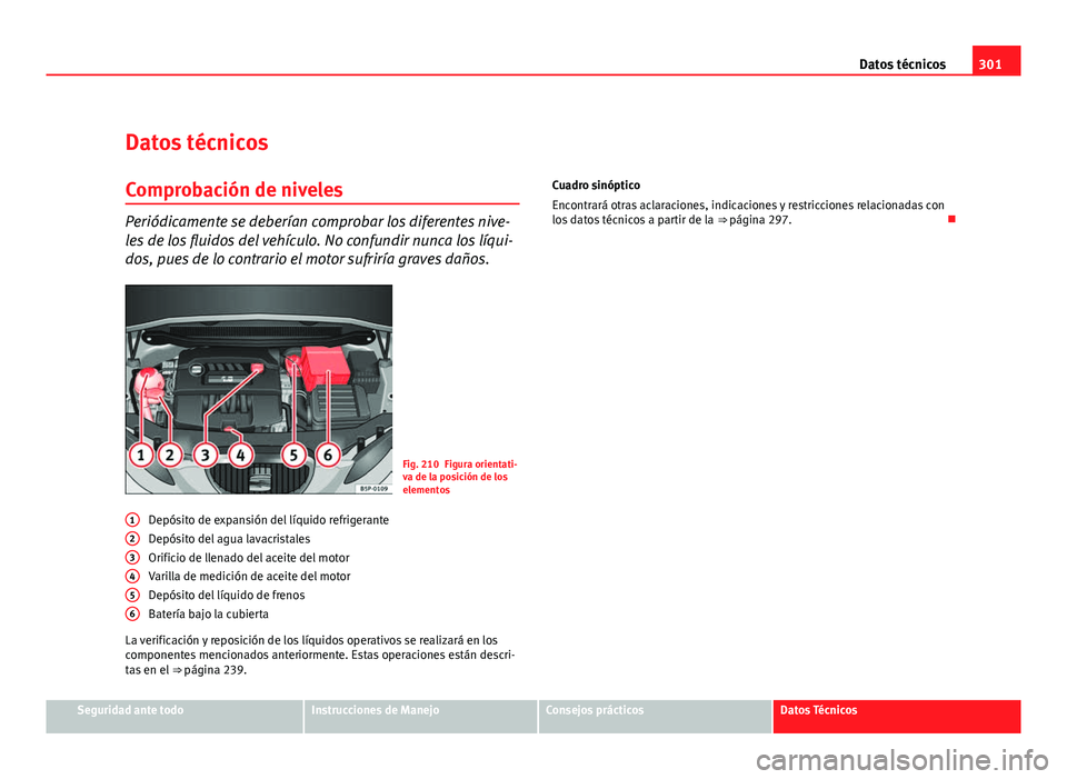 Seat Altea XL 2012  Manual del propietario (in Spanish) 301
Datos técnicos
Datos técnicos
Comprobación de niveles
Periódicamente se deberían comprobar los diferentes nive-
les de los fluidos del vehículo. No confundir nunca los líqui-
dos, pues de l