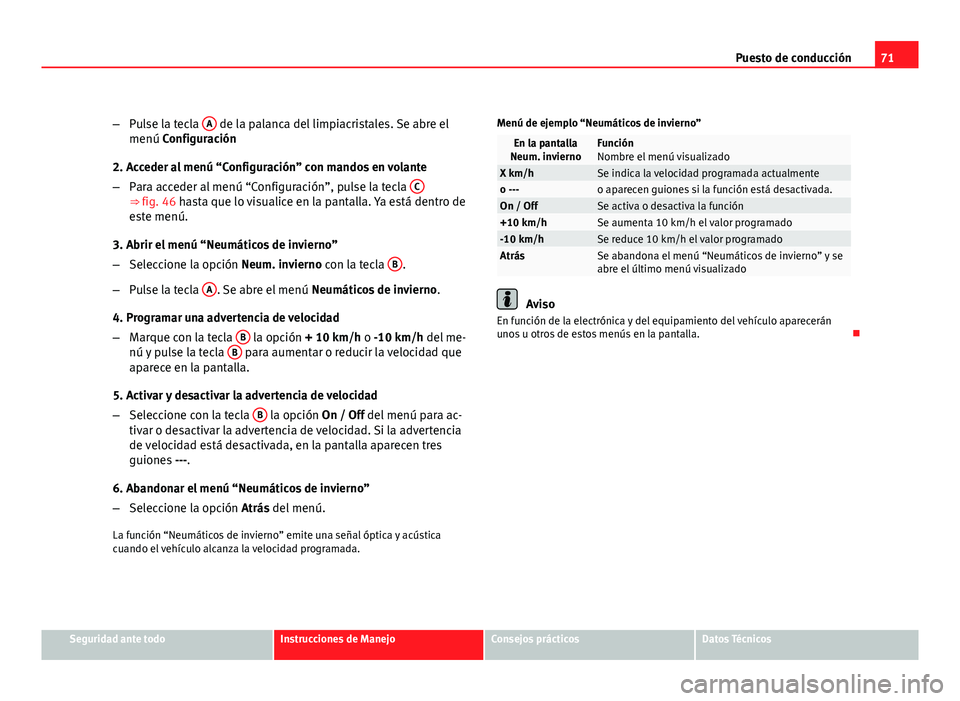 Seat Altea XL 2012 Manual del propietario (in Spanish) 71
Puesto de conducción
– Pulse la tecla A
de la palanca del limpiacristales. Se abre el
menú Configuración
2. Acceder al menú “Configuración” con mandos en volante
– Para acceder al me Seat Altea XL 2012 Manual del propietario (in Spanish) 71
Puesto de conducción
– Pulse la tecla A
de la palanca del limpiacristales. Se abre el
menú Configuración
2. Acceder al menú “Configuración” con mandos en volante
– Para acceder al me