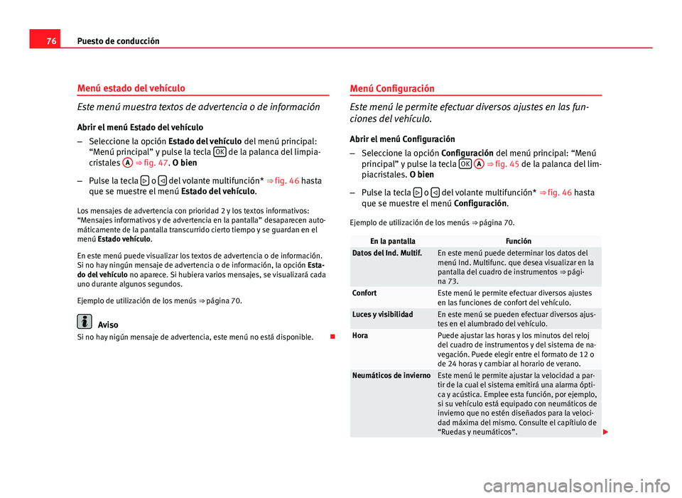 Seat Altea XL 2012 Manual del propietario (in Spanish) 76Puesto de conducción
Menú estado del vehículo
Este menú muestra textos de advertencia o de información
Abrir el menú Estado del vehículo
– Seleccione la opción Estado del vehículo del me Seat Altea XL 2012 Manual del propietario (in Spanish) 76Puesto de conducción
Menú estado del vehículo
Este menú muestra textos de advertencia o de información
Abrir el menú Estado del vehículo
– Seleccione la opción Estado del vehículo del me