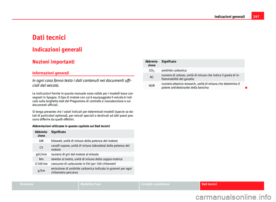 Seat Altea XL 2012 Manuale del proprietario (in Italian) 297
Indicazioni generali
Dati tecnici Indicazioni generali
Nozioni importanti
Informazioni generali
In ogni caso fanno testo i dati contenuti nei documenti uffi-
ciali del veicolo.
Le indicazioni forn Seat Altea XL 2012 Manuale del proprietario (in Italian) 297
Indicazioni generali
Dati tecnici Indicazioni generali
Nozioni importanti
Informazioni generali
In ogni caso fanno testo i dati contenuti nei documenti uffi-
ciali del veicolo.
Le indicazioni forn