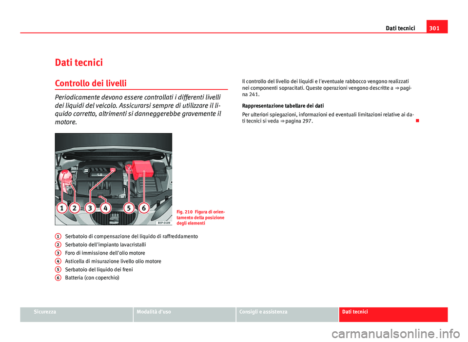 Seat Altea XL 2012  Manuale del proprietario (in Italian) 301
Dati tecnici
Dati tecnici Controllo dei livelli
Periodicamente devono essere controllati i differenti livelli
dei liquidi del veicolo. Assicurarsi sempre di utilizzare il li-
quido corretto, altri