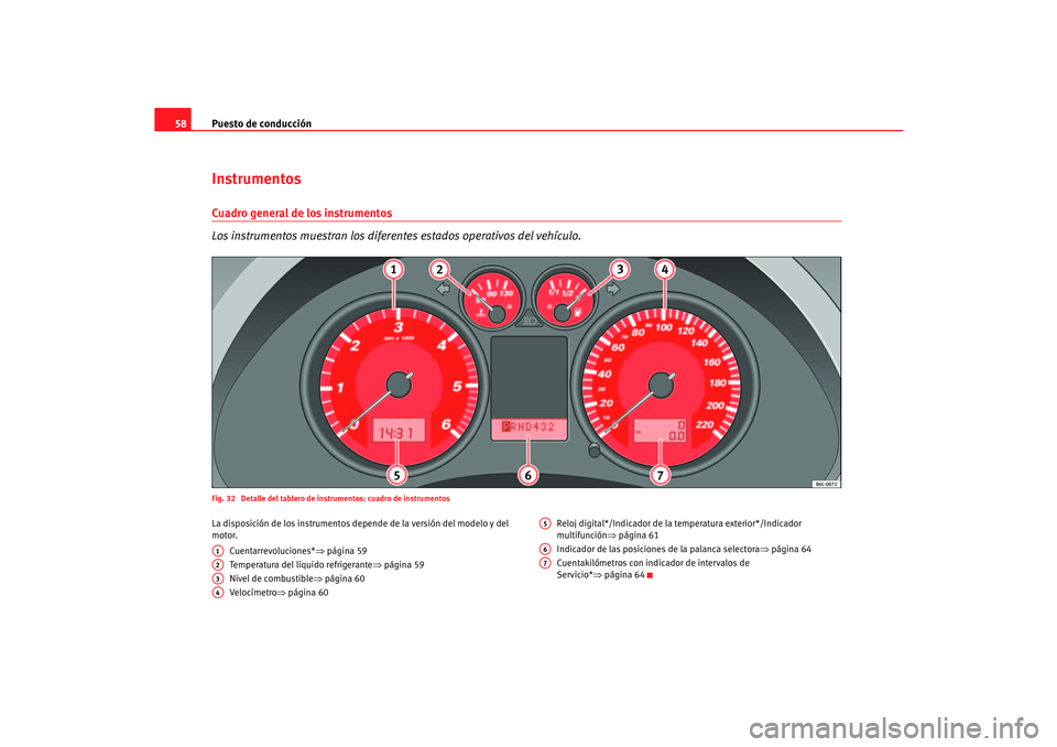 Seat Cordoba 2006  Manual del propietario (in Spanish) Puesto de conducción
58InstrumentosCuadro general de los instrumentos
Los instrumentos muestran los diferentes estados operativos del vehículo.Fig. 32  Detalle del tablero de instrumentos: cuadro de