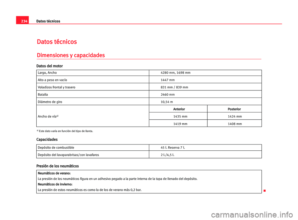 Seat Cordoba 2005  Manual del propietario (in Spanish) 234Datos técnicos
D
Da
at
to
os
s tté
éc
cn
ni
ic
co
os
s
D
Di
im
me
en
ns
si
io
on
ne
es
s yy cca
ap
pa
ac
ci
id
da
ad
de
es
s
Largo, Ancho 4280 mm, 1698 mm
Alto a peso en vacío 1447 mm
Voladizos