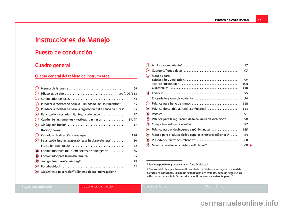 Seat Cordoba 2005 Manual del propietario (in Spanish) Puesto de conducción37
Seguridad ante todoInstrucciones de manejo Consejos prácticos Datos técnicos
I In
ns
st
tr
ru
uc
cc
ci
io
on
ne
es
s dde
e MMa
an
ne
ej
jo
o
P
Pu
ue
es
st
to
o dde
e cco
on
n Seat Cordoba 2005 Manual del propietario (in Spanish) Puesto de conducción37
Seguridad ante todoInstrucciones de manejo Consejos prácticos Datos técnicos
I In
ns
st
tr
ru
uc
cc
ci
io
on
ne
es
s dde
e MMa
an
ne
ej
jo
o
P
Pu
ue
es
st
to
o dde
e cco
on
n