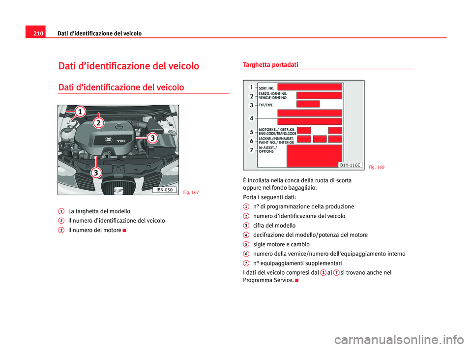 Seat Cordoba 2005  Manuale del proprietario (in Italian) Dati d’identificazione del veicolo210
D Da
at
ti
i dd’
’i
id
de
en
nt
ti
if
fi
ic
ca
az
zi
io
on
ne
e dde
el
l vve
ei
ic
co
ol
lo
o
D
Da
at
ti
i dd’
’i
id
de
en
nt
ti
if
fi
ic
ca
az
zi
io
on