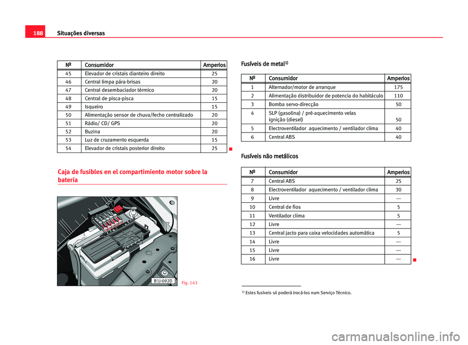 Seat Cordoba 2005 Manual do proprietário (in Portuguese) 188Situações diversas
Caja de fusibles en el compartimiento motor sobre la
batería
F
Fu
us
sí
ív
ve
ei
is
s dde
e mme
et
ta
al
l1
1)
)
F
Fu
us
sí
ív
ve
ei
is
s nnã
ão
o mme
et
tá
ál
li
ic
c Seat Cordoba 2005 Manual do proprietário (in Portuguese) 188Situações diversas
Caja de fusibles en el compartimiento motor sobre la
batería
F
Fu
us
sí
ív
ve
ei
is
s dde
e mme
et
ta
al
l1
1)
)
F
Fu
us
sí
ív
ve
ei
is
s nnã
ão
o mme
et
tá
ál
li
ic
c