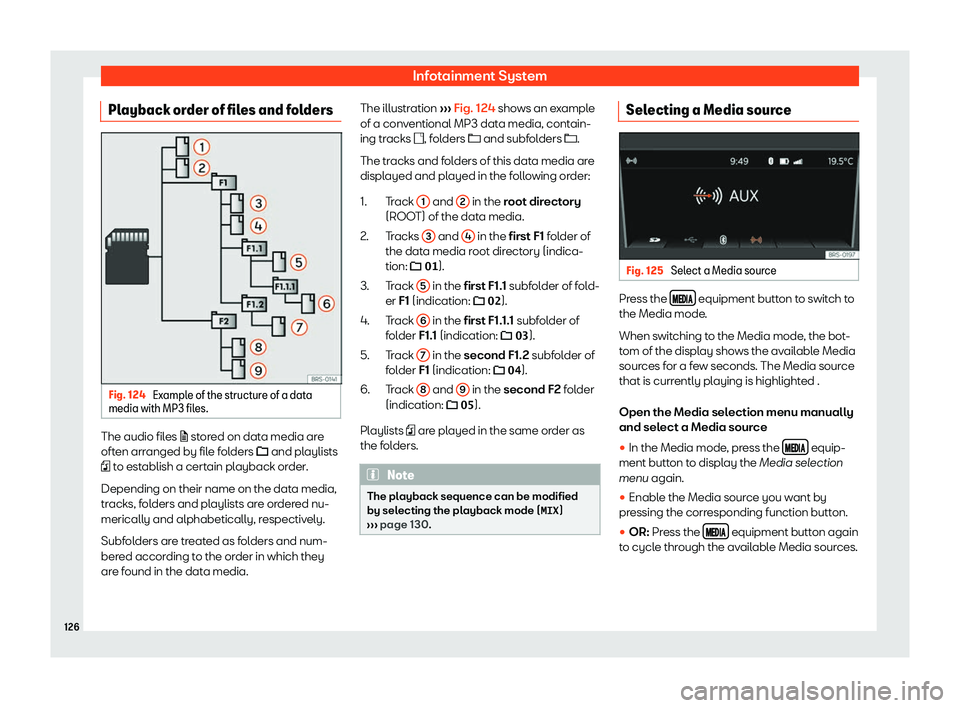 Seat Mii electric 2019  Owners Manual Infotainment System
Playback order of files and folders Fig. 124 
Example of the structure of a data
media with MP3 fil es.The audio files 
�