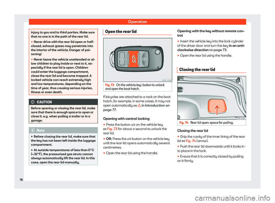 Seat Mii electric 2019  Owners Manual Operation
injury to you and to third parties. Make sure
that no one is in the path of the r
ear lid.
