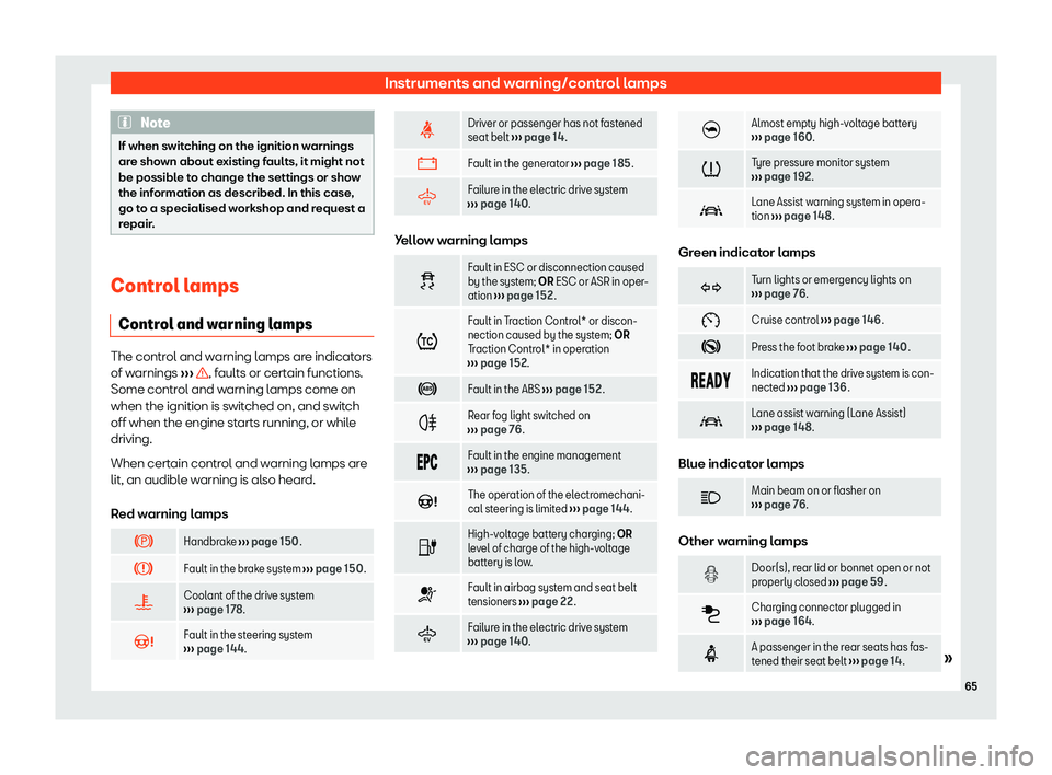 Seat Mii electric 2020  Owners manual Instruments and warning/control lamps
Note
If when switching on the ignition warnings
are sho wn about e
xisting faults, it might not
be possible to change the settings or show
the information as desc