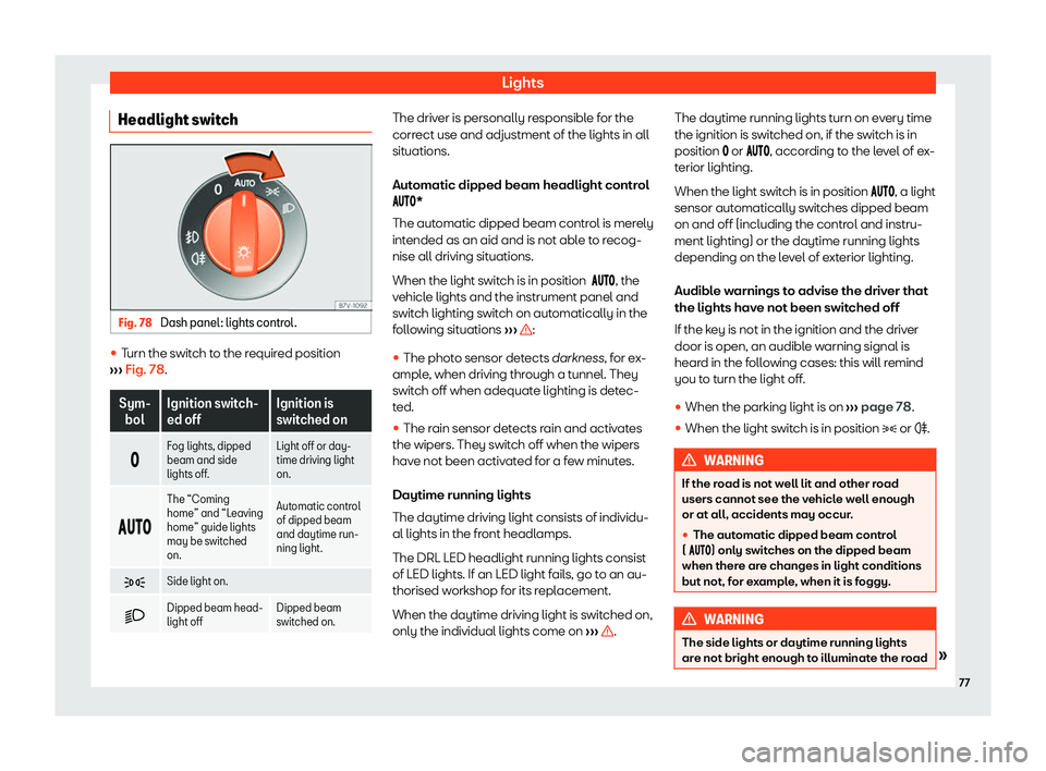 Seat Mii electric 2020  Owners manual Lights
Headlight switch Fig. 78 
Dash panel: lights control. 