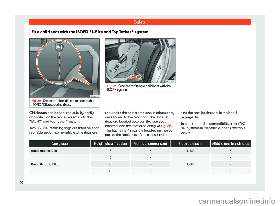 Seat Ibiza 2019  Owners manual Safety
Fit a child seat with the ISOFIX / i-Size and Top Tether* system Fig. 26 
Rear seat: slots die cut to access the
ISOFIX / iSize securing rings. Fig. 27 
Rear seats: fitting a child seat with th