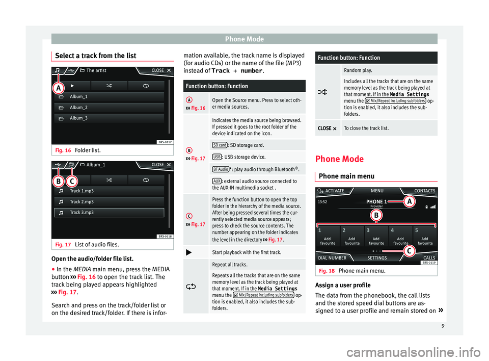 Seat Ibiza 2017  Owners manual Appendix MEDIA SYSTEM TOUCH – COLOUR �P�h�o�n�e��M�o�d�e�S�e�l�e�c�t��a��t�r�a�c�k��f�r�o�m��t�h�e��l�i�s�t�F�i�g�.��1�6�
�F�o�l�d�e�r��l�i�s�t�.
�F�i�g�.��1�7�
�L�i�s�t��o�f��a�u�d�i�o��f�i�l�e�s�.
�O�p�e�n��t�h�e��a�u�d