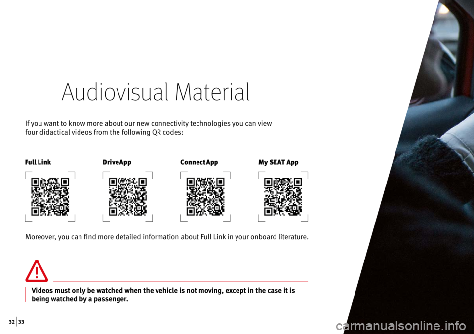 Seat Ibiza 5D 2016  Apps  32 | 33
Audiovisual Material
If you want to know more about our new connectivity technologies you can view  
four didactical videos from the following QR codes:
Moreover, you can find more detailed i